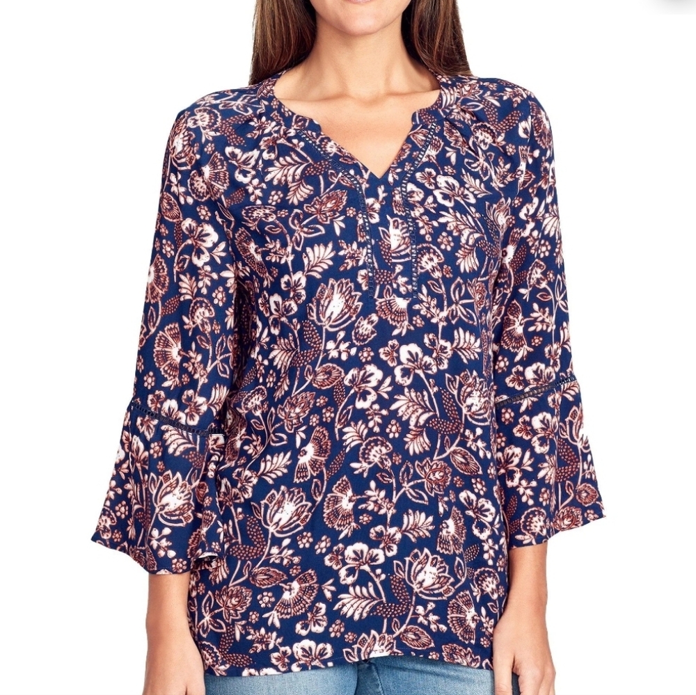 Gloria Vanderbilt Navy Blue And Orange Floral Top Size Medium